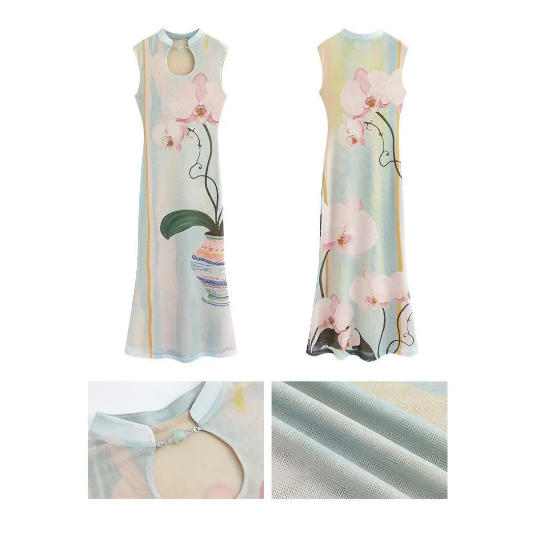Olivegirl French Dress Printed Floral Fishtail Dress for Beach Vacation Sleeveless Women's Clothing High-end Sexy Temperament