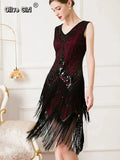 Olivegirl Women's Dress Banquet 2026 Retro V-neck Sleeveless Double Layer Tassel Dress Fashion Shining Nail Bead Party Gown