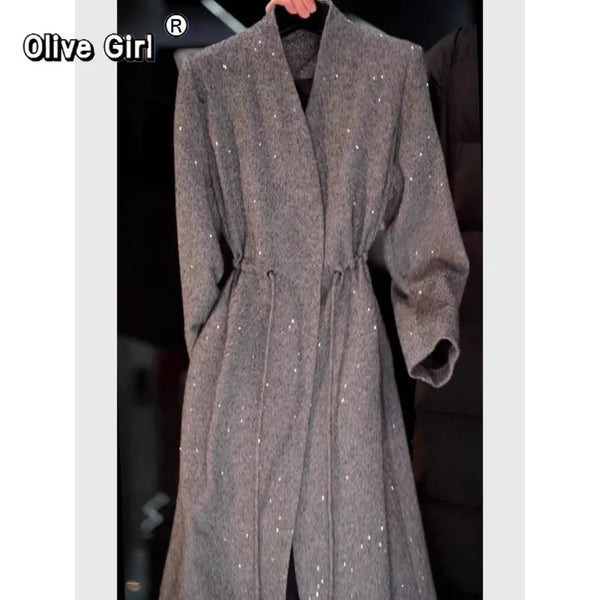 Grey Sequined Waist Cinched Cardigan Jacket Wrap Coat Trench V-neck Elegant High-end Fabric Mid Length Top Women's Clothing