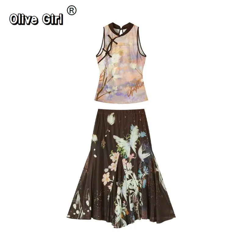 Olivegirl Vintage Elagant Women's Outfits Sets Butterfly Floral Skirt and Top 2 Piece Set 2026 Summer Cool Girl Female Clothes