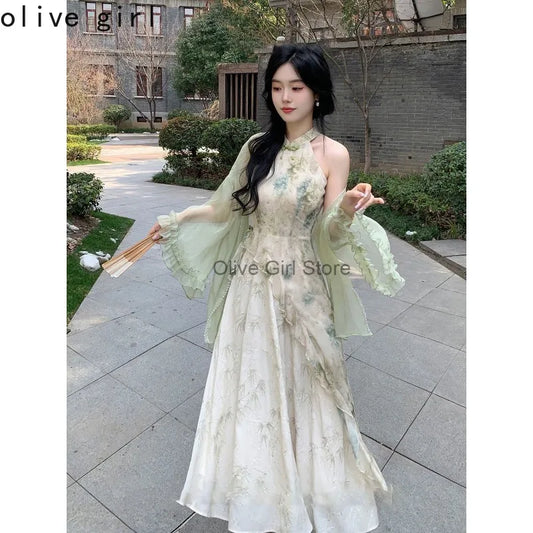 Green Cheongsam Elegant Cardigan Chinese Traditional Dress Qipao Chiffon Print Irregular Forest Dress Fairy Fashion Set