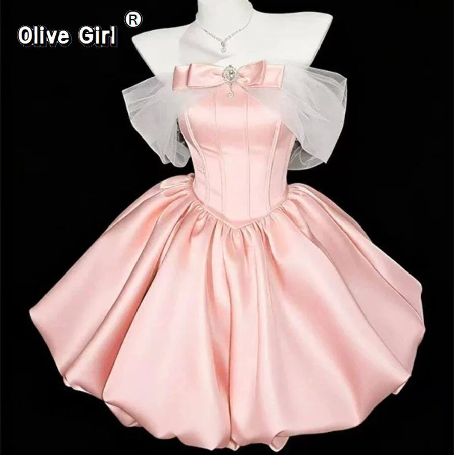 Olivegirl Pink Birthday Dress Rich Lady Short Evening Gown Socialite Princess Hostess Adult Ceremony Graduation Art Exam