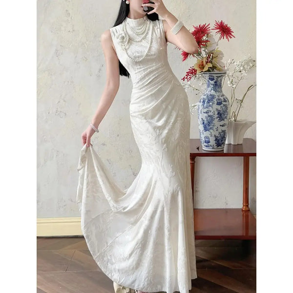 Olivegirl Wedding Dress Women's Qipao Cheongsam Jacquard White Retro Engagement Fish Tail Dress High-end Bridal Welcome Dress