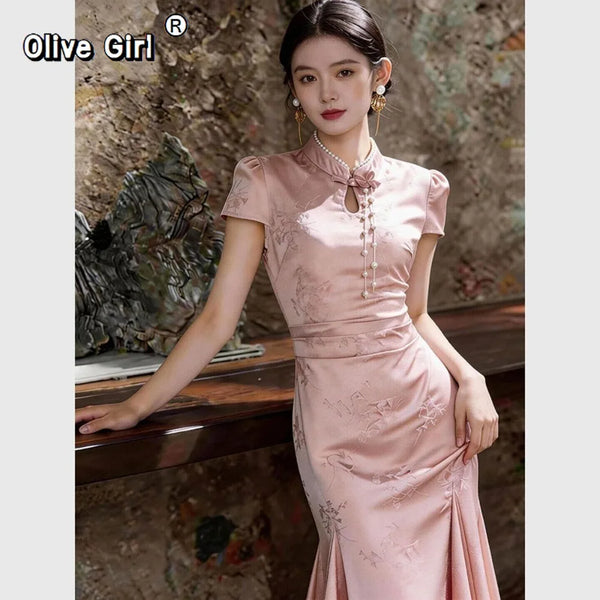 Olivegirl Pink Dresses Jacquard Fish Tail Chinese Women's Clothing 2026 Summer Retro Elegant Qipao Butterfly Cheongsam