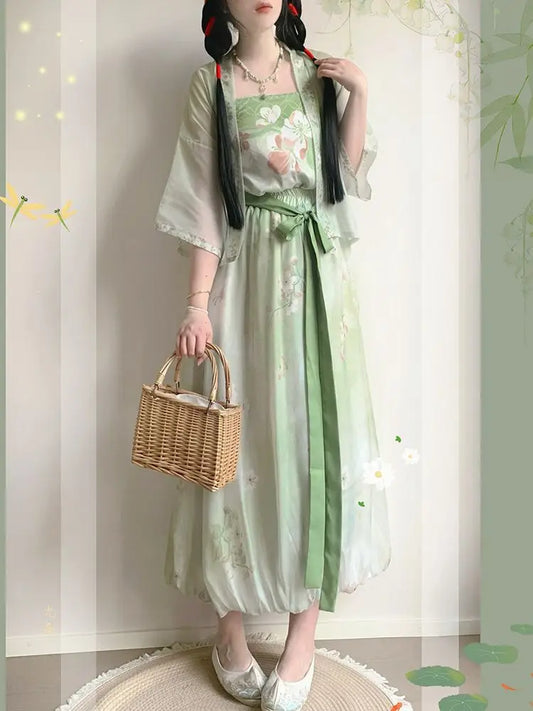 Green Hanfu Set | Song Dynasty Flower Bud Pants & Shorts | Cottagecore Chinese Summer Style