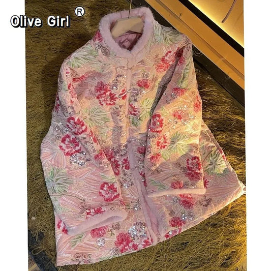 Olivegirl Women's Coat Pink Nail Bead Sequins Thickened Cotton Velvet Coat Jacket Cotton Women's Top Clothing Traditional