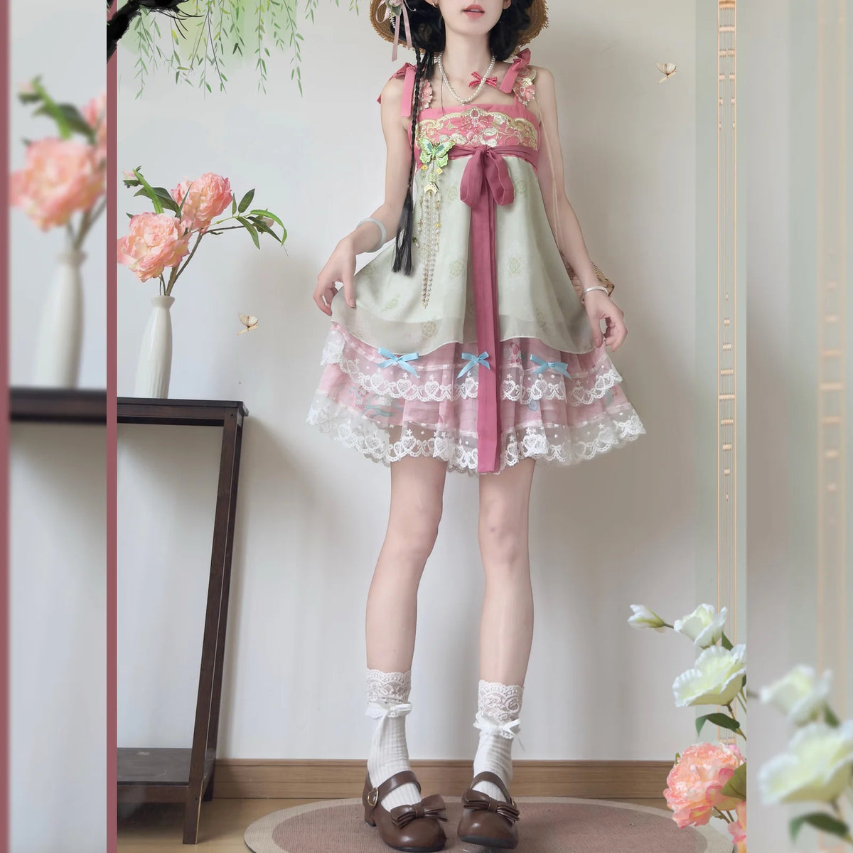 Olivegirl Hanfu Dress Embroidered Strap Skirt Short Sleeve Puff Skirt Lace Flower Chinese Sweet Women's Clothing Cosplay