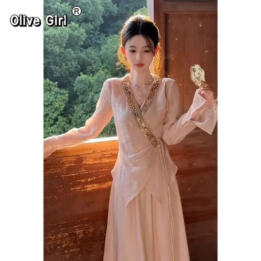 Pink Shirt Sequin Elegant Set Chinese Waist Cinched Top Half Skirt High-end Gentle Temperament Two-piece Set 2026 Spring Autumn