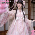 Olivegirl Hanfu Dress Women's Cosplay Front-Open Shirt Bust-Length Short Strap Dress Sleeve Cherry Pink Cute Three-Piece Set
