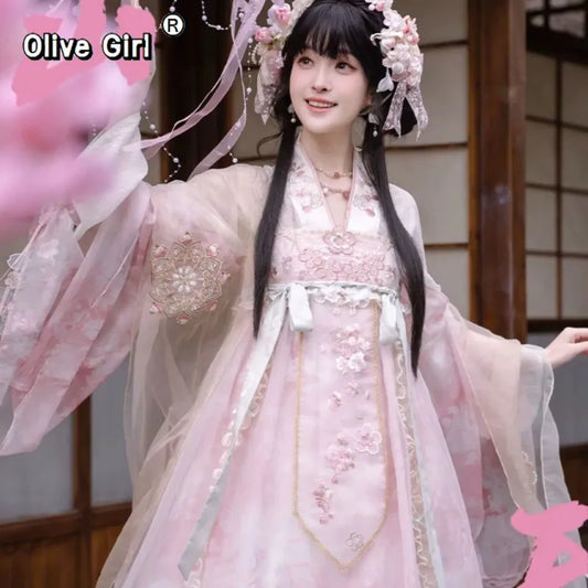 Olivegirl Hanfu Dress Women's Cosplay Front-Open Shirt Bust-Length Short Strap Dress Sleeve Cherry Pink Cute Three-Piece Set