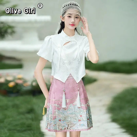 Olivegirl Chinese style improved jacquard top blouse one-piece woven gold embroidered horse face short skirt women's clothing