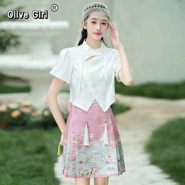 Olivegirl Chinese style improved jacquard top blouse one-piece woven gold embroidered horse face short skirt women's clothing