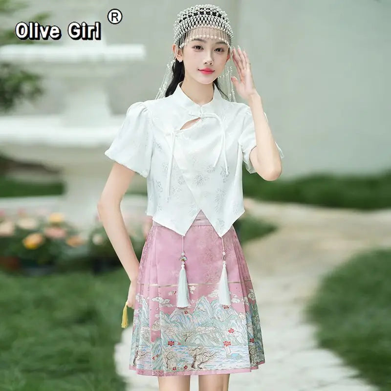 Olivegirl Chinese style improved jacquard top blouse one-piece woven gold embroidered horse face short skirt women's clothing