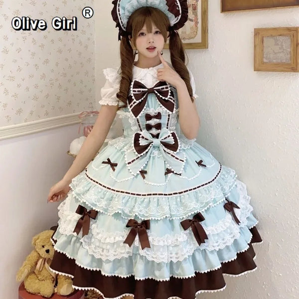 Summer Japanese Style Kawaii Lolita Dress Women Party Vintage Sweet Lace Bow Birthdays Cake Dresses Harajuku Y2k Bandage Dress
