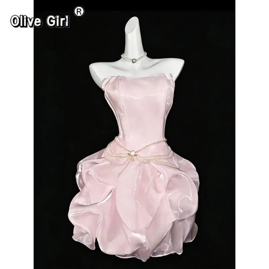 Olivegirl Strapless Evening Dress Female Heiress Socialite Birthday Party Princess Dress Graduation Ceremony Short Fluffy