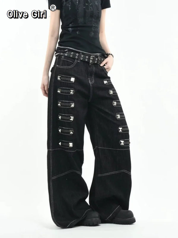 Olivegirl 2026 Women's Jeans Trousers Women Straight Trousers Gothic Y2K American Patchwork Rivet Design Black Loose Streetwear