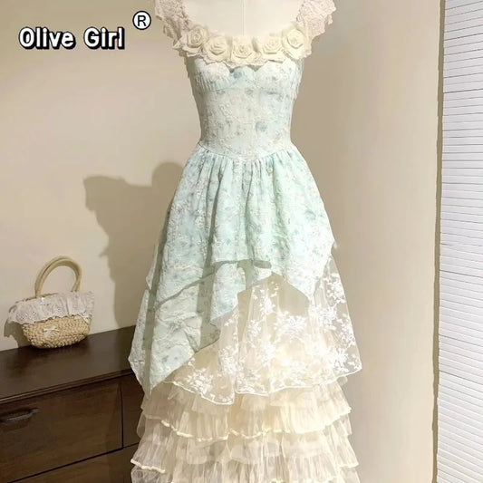 Olivegirl French Dress Floral Suspender Sexy Sweet Lolita Spring Summer 2026 Irregular Trailing Fairy Dresses Women's Clothing