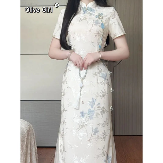 Olivegirl Jacquard Fabric Qipao Long Dress Chinese Cheongsams Exquisite Luxury High-end Elegant Temperament Women's Dress