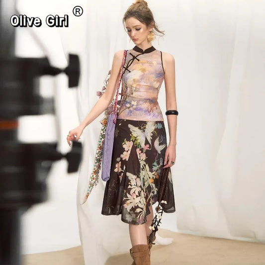 Olivegirl Vintage Elagant Women's Outfits Sets Butterfly Floral Skirt and Top 2 Piece Set 2026 Summer Cool Girl Female Clothes