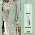 Women's Set Chinese Dress Cheongsam Chi-pao 2026 Summer Chinese Improved Qipao Slim Waist Hanging Neck Dress Sunscreen Cardigan