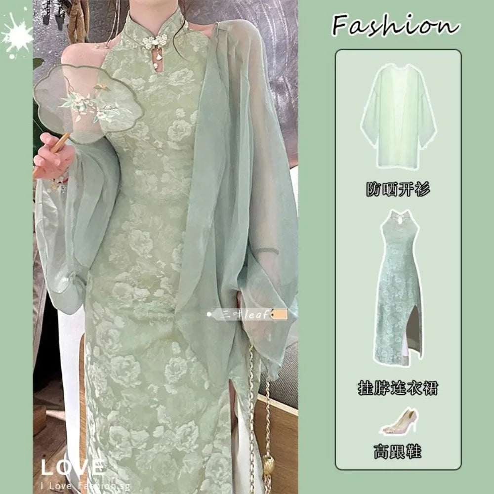 Women's Set Chinese Dress Cheongsam Chi-pao 2026 Summer Chinese Improved Qipao Slim Waist Hanging Neck Dress Sunscreen Cardigan