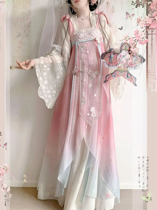 Tang Dynasty Hanfu Dress | Embroidered Fairy Set with Matching Cardigan | Spring Summer