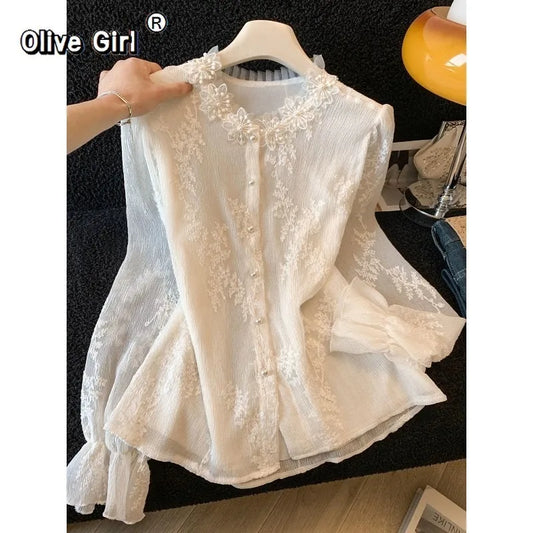 Olivegirl Women's Shirt Blouse High-end Jacquard Embroidery Beaded Lace Long Sleeved Shirt for Spring and Summer
