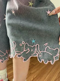Olivegiel High Waist Cute Cartoon Cat Embroidery Denim Jean Women's Trouser Vintage Y2k Clothes Calf Length Denim Pants Harajuku