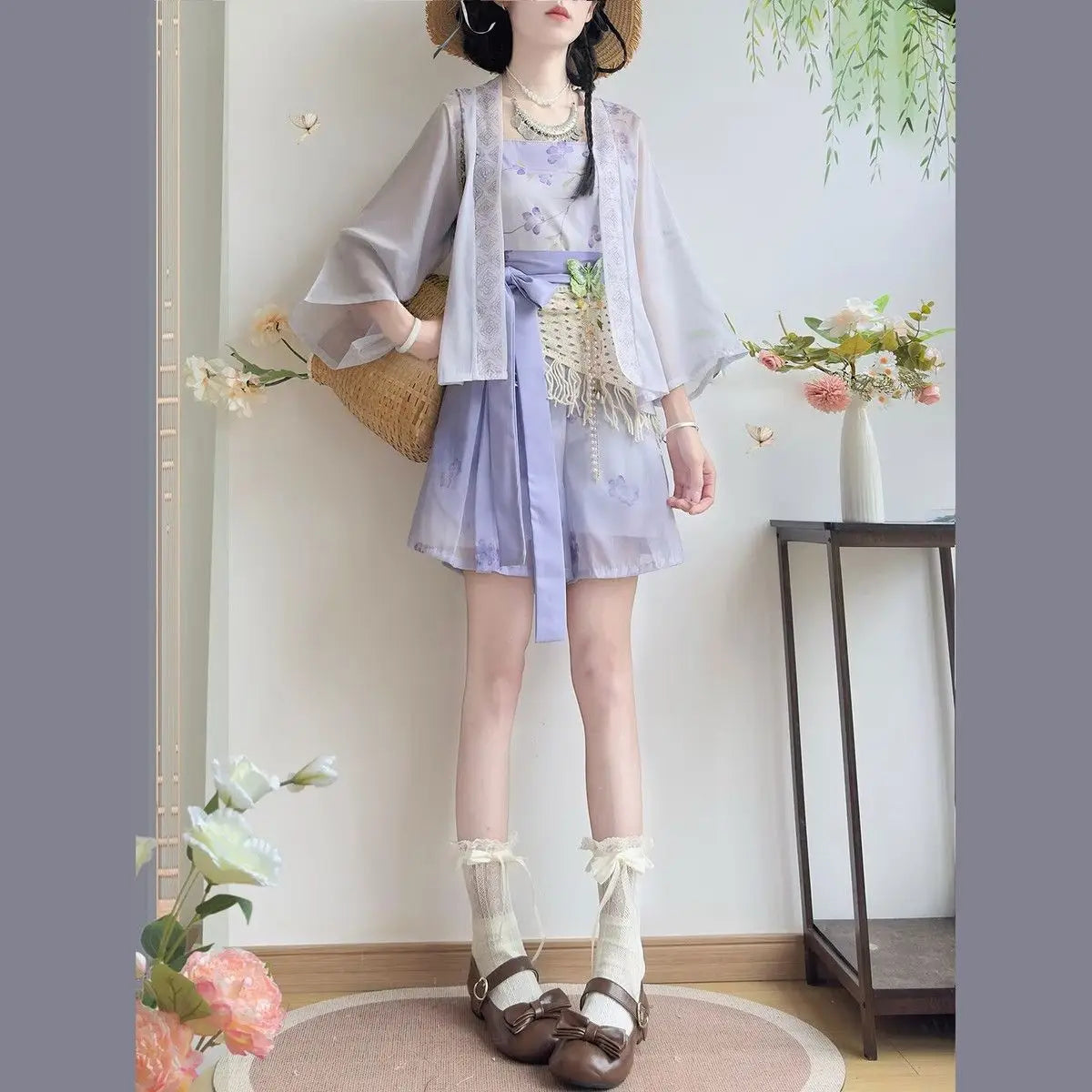 Olivegirl Hanfu Women's Outfits Daily Versatile Short Sleeved Shirt Flower Bud Pants Shorts Summer 2026 Cosplay Women's Clothing
