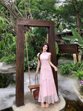 Olivegirl Pink Dress Chinese 3D Flower Cheongsam Qipao Women's Summer Plus Size Gentle and Elegant Mesh Fishtail Dress