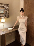 Olivegirl High-end Dress Delicate Lace Flared Sleeves Retro Patchwork Slimming High Slit Youthful Summer Women's Dress 2026