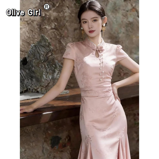 Olivegirl Pink Dresses Jacquard Fish Tail Chinese Women's Clothing 2026 Summer Retro Elegant Qipao Butterfly Cheongsam