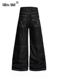 Olivegirl 2026 Women's Jeans Trousers Women Straight Trousers Gothic Y2K American Patchwork Rivet Design Black Loose Streetwear