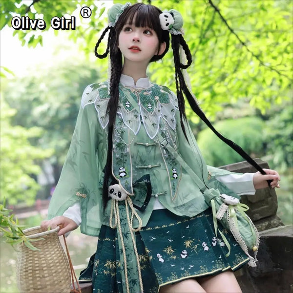 Panda Hanfu Dress | Lolita Horse Face Skirt | Cute Bamboo Embroidery Cosplay Party