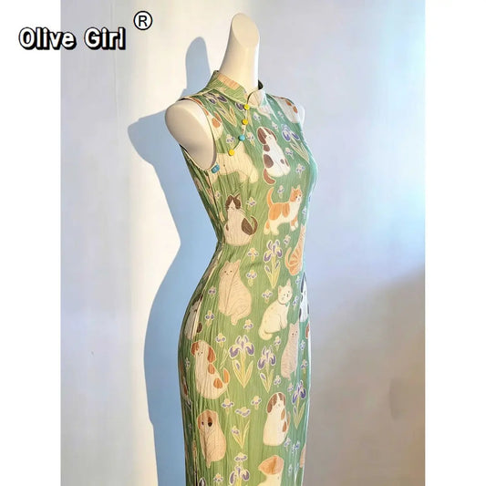 Olivegirl Elegant Dress Cheongsam Qipao Chinese Style Young Cat Playful Cute Sleeveless Slim Dress 2026 Women's Clothing