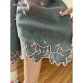 Olivegiel High Waist Cute Cartoon Cat Embroidery Denim Jean Women's Trouser Vintage Y2k Clothes Calf Length Denim Pants Harajuku