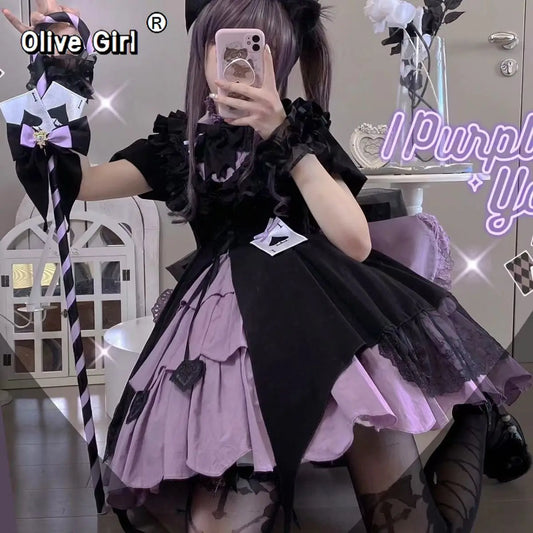 Women Sweet Dress Japanese Lolita Style Contrast Color Robe Femme High Waist Cute Bow Summer Dresses 2026 Vestidos De Mujer