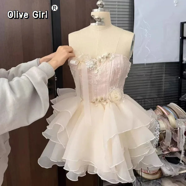 Olivegirl Princess Dress Beaded Fishbone Floral Strap Dress Puffed Adult High-end Light Luxury Birthday Party Dress Ruffled