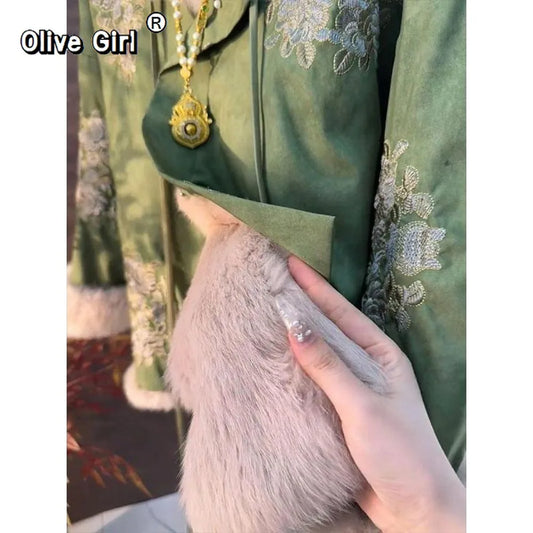 Thick Velvet Jacket Coat Cotton-padded Embroidered Green 2026 Winter Vintage Temperament High-end Exquisite Chinese Style