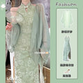 Women's Set Chinese Dress Cheongsam Chi-pao 2026 Summer Chinese Improved Qipao Slim Waist Hanging Neck Dress Sunscreen Cardigan