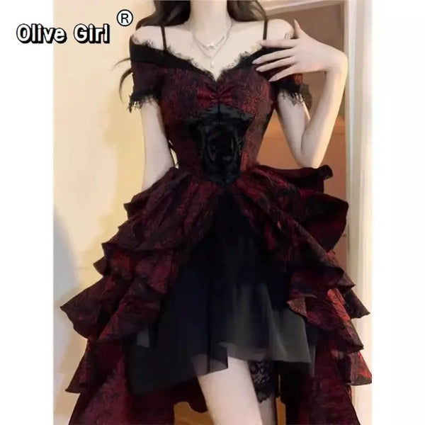 French Lolita Dress Black and Red Jacquard Wave Dress Lolita Luxury Fluffy Princess Dress Women Cosplay Costumes Collection 2026