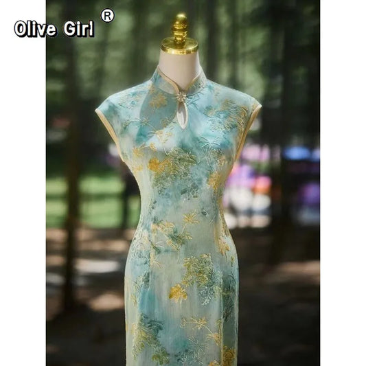 Olivegirl Women Summer Green Qipao Dress Fresh Elegant Improved Young Slim Daily Retro Traditional Chinese Clothing