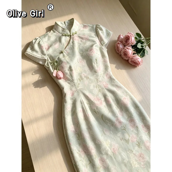 Olivegirl Cheongsam Dress Qipao Elegant Tulip Flower Lace Up Jacquard Floral Pattern Chinese Gentle and Elegant Long Dresses