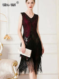 Olivegirl Women's Dress Banquet 2026 Retro V-neck Sleeveless Double Layer Tassel Dress Fashion Shining Nail Bead Party Gown