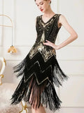Olivegirl Women's Dress Banquet 2026 Retro V-neck Sleeveless Double Layer Tassel Dress Fashion Shining Nail Bead Party Gown