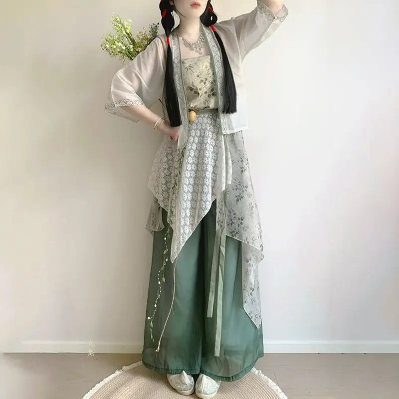 Song Dynasty Hanfu Set | Printed Suspender Pants & Short Shirt | Sweet Elegant Summer Outfit