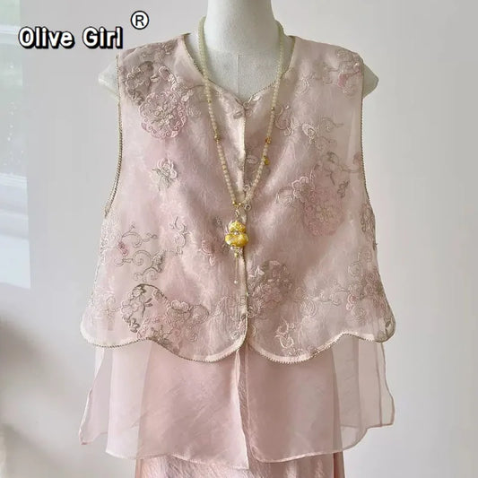 Olivegirl Summer 2026 Chinese Embroidered Vest Women's Clothing Sleeveless Camisole Nail Bead Mesh Stitching High-end Elegant