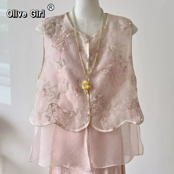 Olivegirl Summer 2026 Chinese Embroidered Vest Women's Clothing Sleeveless Camisole Nail Bead Mesh Stitching High-end Elegant