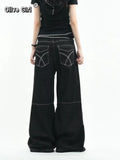 Olivegirl 2026 Women's Jeans Trousers Women Straight Trousers Gothic Y2K American Patchwork Rivet Design Black Loose Streetwear
