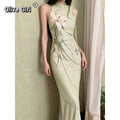 Olivegirl Mint Green Sleeveless Summer Long Dresses for Woman 2026 Floral  Ladies Bodycon Maxi Dress Elegant Lily Print